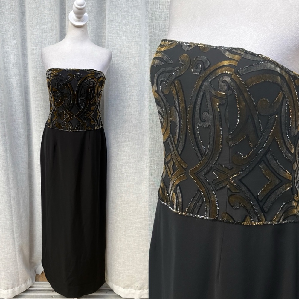 Bob Mackie black strapless velvet top beads gown dress